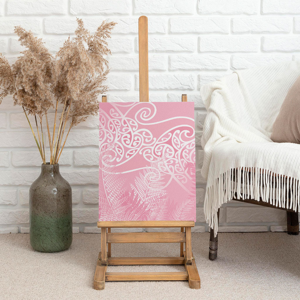 Aotearoa Maori Koru Curves Canvas Wall Art Silver Ferns - Rose Pink