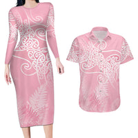 Aotearoa Maori Koru Curves Couples Matching Long Sleeve Bodycon Dress and Hawaiian Shirt Silver Ferns - Rose Pink LT7 Pink - Polynesian Pride