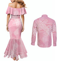 Aotearoa Maori Koru Curves Couples Matching Mermaid Dress and Long Sleeve Button Shirt Silver Ferns - Rose Pink LT7 - Polynesian Pride