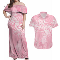 Aotearoa Maori Koru Curves Couples Matching Off Shoulder Maxi Dress and Hawaiian Shirt Silver Ferns - Rose Pink LT7 Pink - Polynesian Pride