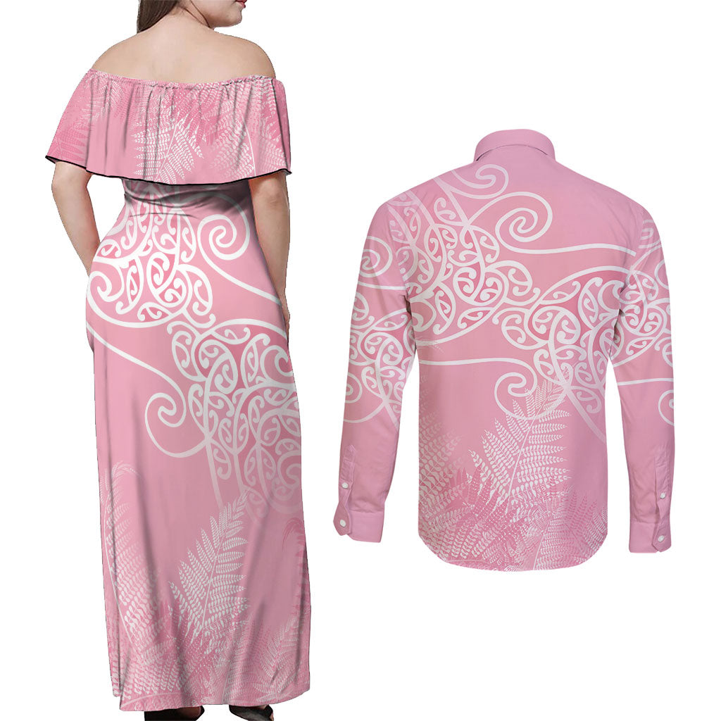 Aotearoa Maori Koru Curves Couples Matching Off Shoulder Maxi Dress and Long Sleeve Button Shirt Silver Ferns - Rose Pink LT7 - Polynesian Pride