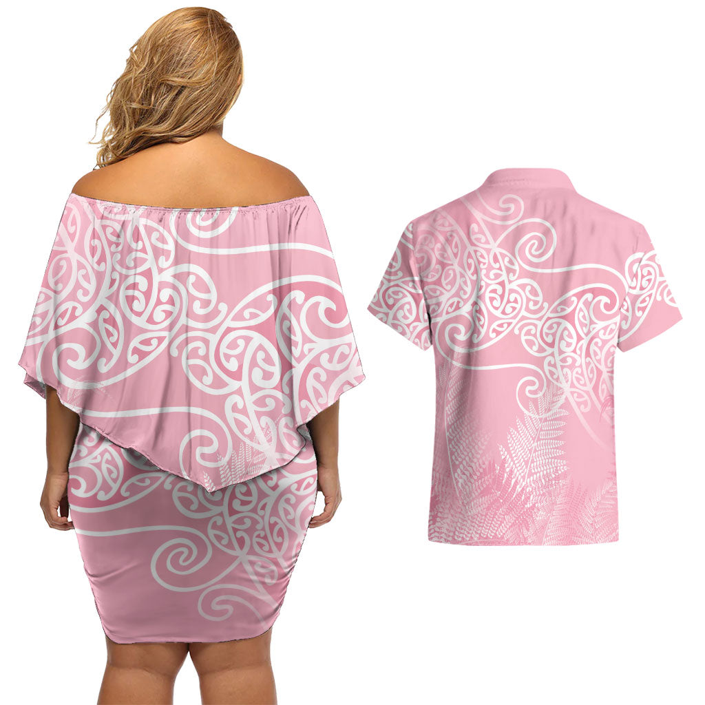 Aotearoa Maori Koru Curves Couples Matching Off Shoulder Short Dress and Hawaiian Shirt Silver Ferns - Rose Pink LT7 - Polynesian Pride