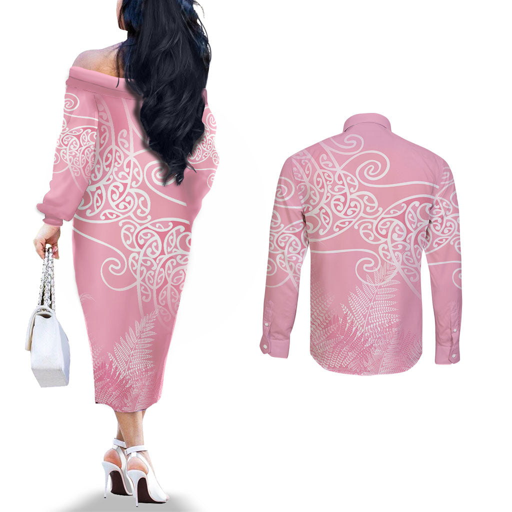 Aotearoa Maori Koru Curves Couples Matching Off The Shoulder Long Sleeve Dress and Long Sleeve Button Shirt Silver Ferns - Rose Pink LT7 - Polynesian Pride