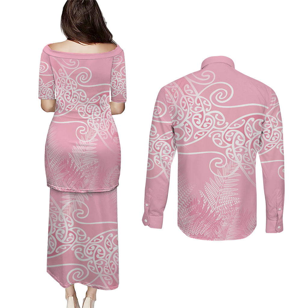Aotearoa Maori Koru Curves Couples Matching Puletasi and Long Sleeve Button Shirt Silver Ferns - Rose Pink