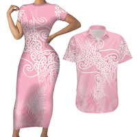 Aotearoa Maori Koru Curves Couples Matching Short Sleeve Bodycon Dress and Hawaiian Shirt Silver Ferns - Rose Pink LT7 Pink - Polynesian Pride
