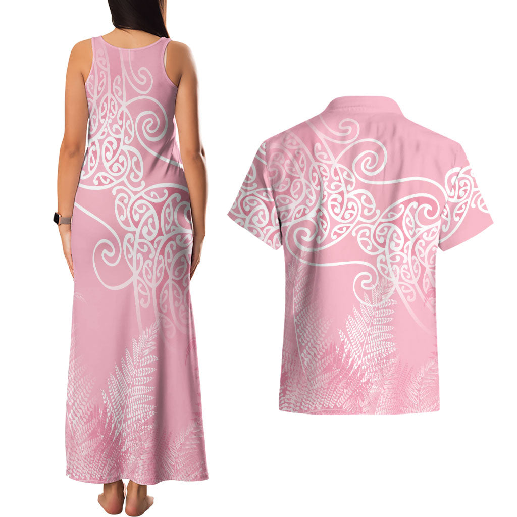 Aotearoa Maori Koru Curves Couples Matching Tank Maxi Dress and Hawaiian Shirt Silver Ferns - Rose Pink LT7 - Polynesian Pride