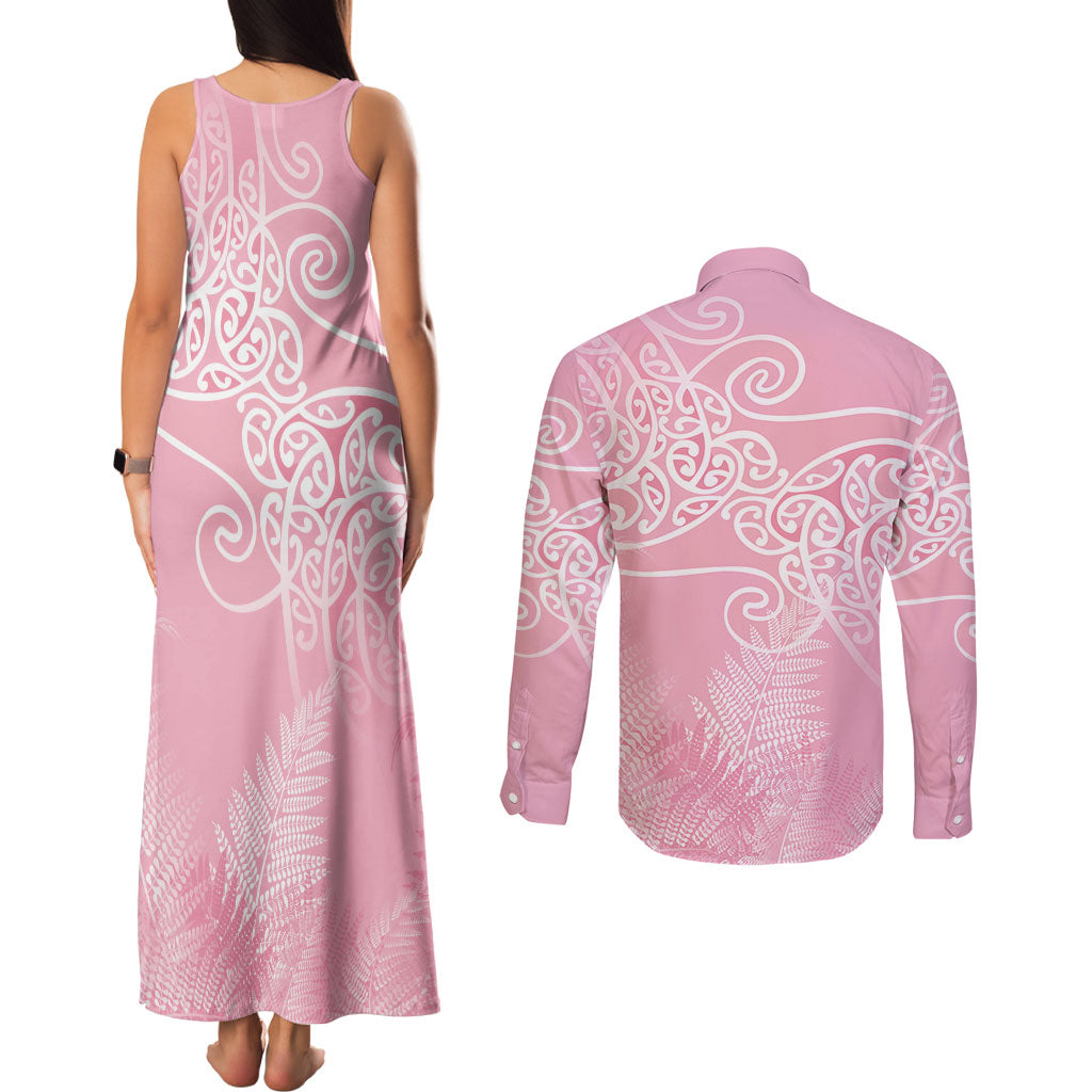 Aotearoa Maori Koru Curves Couples Matching Tank Maxi Dress and Long Sleeve Button Shirt Silver Ferns - Rose Pink LT7 - Polynesian Pride