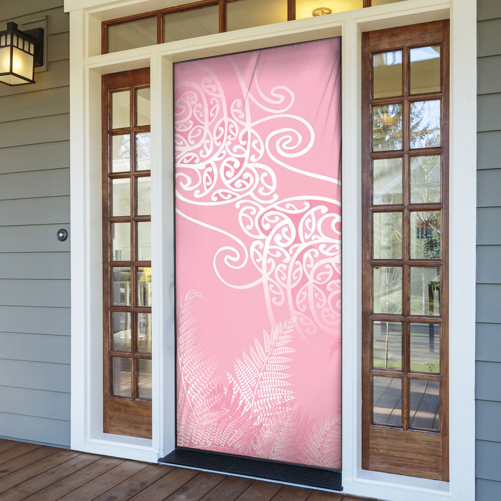Aotearoa Maori Koru Curves Door Cover Silver Ferns - Rose Pink LT7 - Polynesian Pride