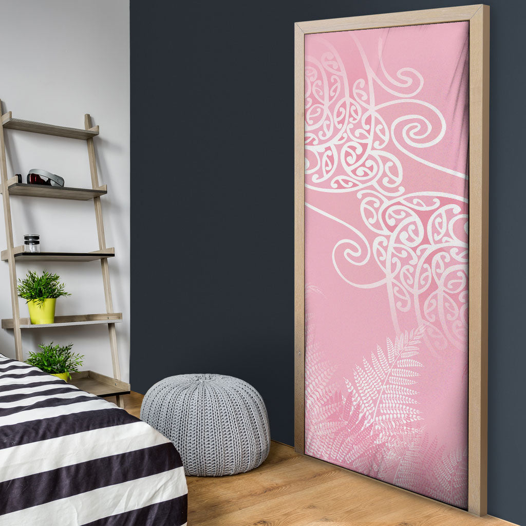 Aotearoa Maori Koru Curves Door Cover Silver Ferns - Rose Pink LT7 - Polynesian Pride