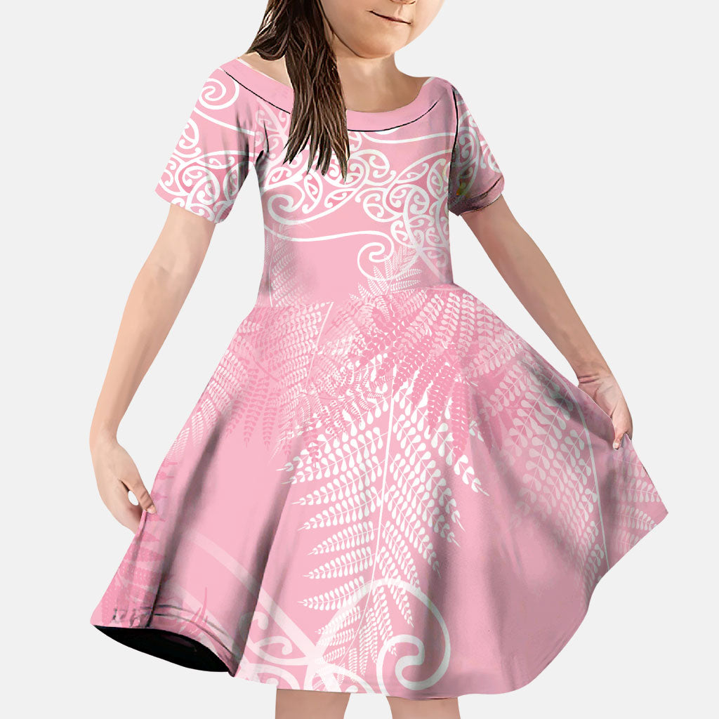 Aotearoa Maori Koru Curves Family Matching Long Sleeve Bodycon Dress and Hawaiian Shirt Silver Ferns - Rose Pink LT7 Daughter's Dress Pink - Polynesian Pride