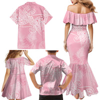 Aotearoa Maori Koru Curves Family Matching Mermaid Dress and Hawaiian Shirt Silver Ferns - Rose Pink LT7 - Polynesian Pride