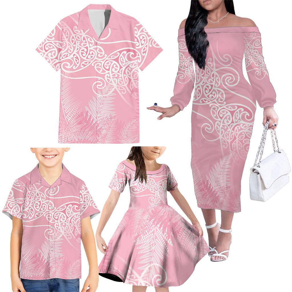 Aotearoa Maori Koru Curves Family Matching Off The Shoulder Long Sleeve Dress and Hawaiian Shirt Silver Ferns - Rose Pink