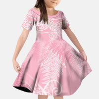 Aotearoa Maori Koru Curves Family Matching Off Shoulder Maxi Dress and Hawaiian Shirt Silver Ferns - Rose Pink LT7 Daughter's Dress Pink - Polynesian Pride