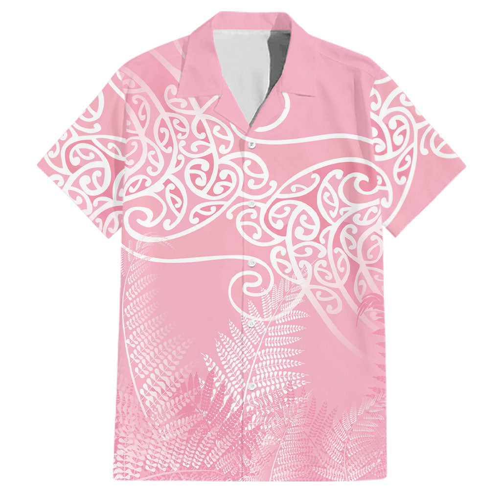 Aotearoa Maori Koru Curves Family Matching Off Shoulder Short Dress and Hawaiian Shirt Silver Ferns - Rose Pink LT7 Dad's Shirt - Short Sleeve Pink - Polynesian Pride
