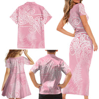 Aotearoa Maori Koru Curves Family Matching Short Sleeve Bodycon Dress and Hawaiian Shirt Silver Ferns - Rose Pink LT7 - Polynesian Pride