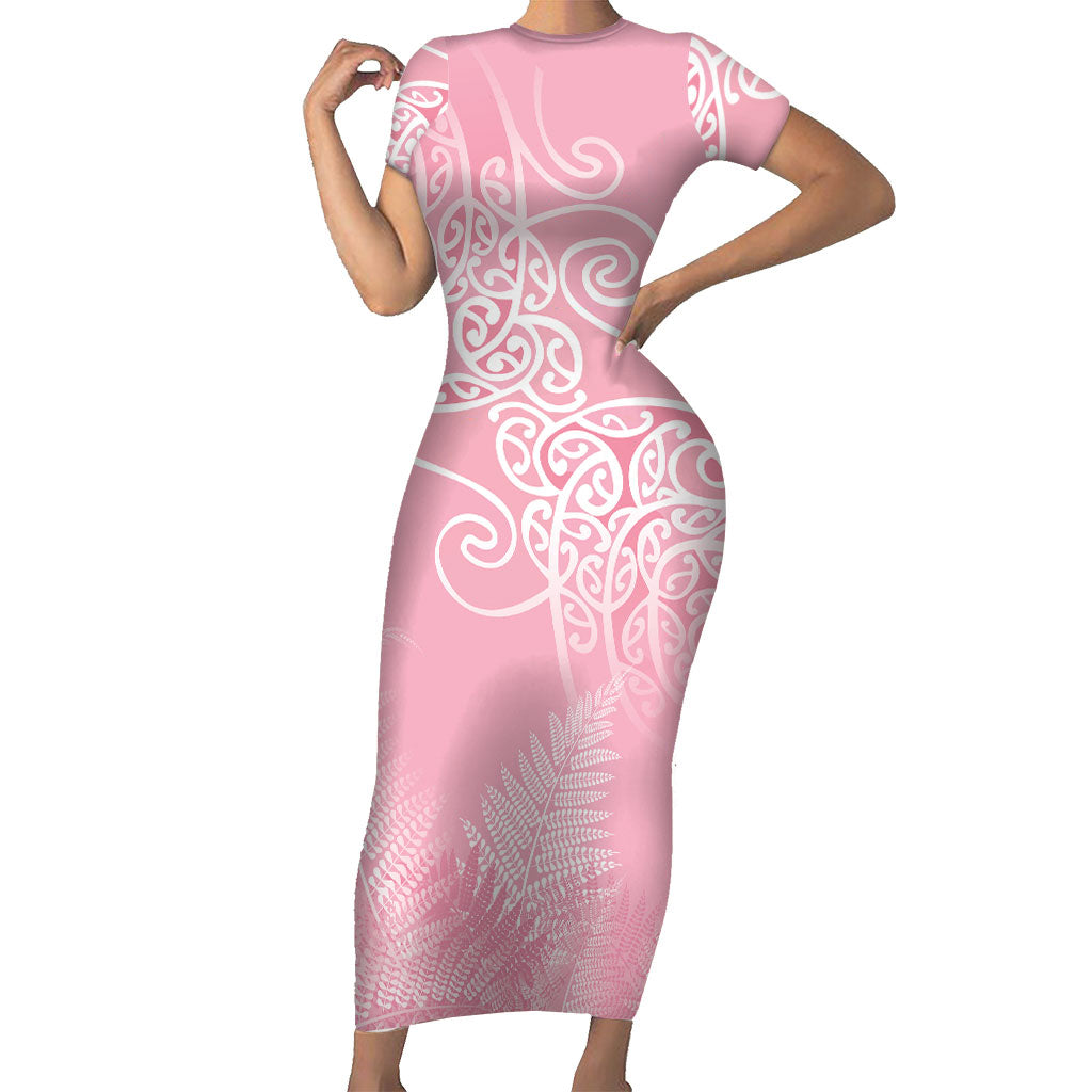 Aotearoa Maori Koru Curves Family Matching Short Sleeve Bodycon Dress and Hawaiian Shirt Silver Ferns - Rose Pink LT7 Mom's Dress Pink - Polynesian Pride