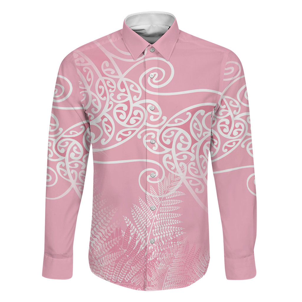 Aotearoa Maori Koru Curves Family Matching Tank Maxi Dress and Hawaiian Shirt Silver Ferns - Rose Pink LT7 Dad's Shirt - Long Sleeve Pink - Polynesian Pride