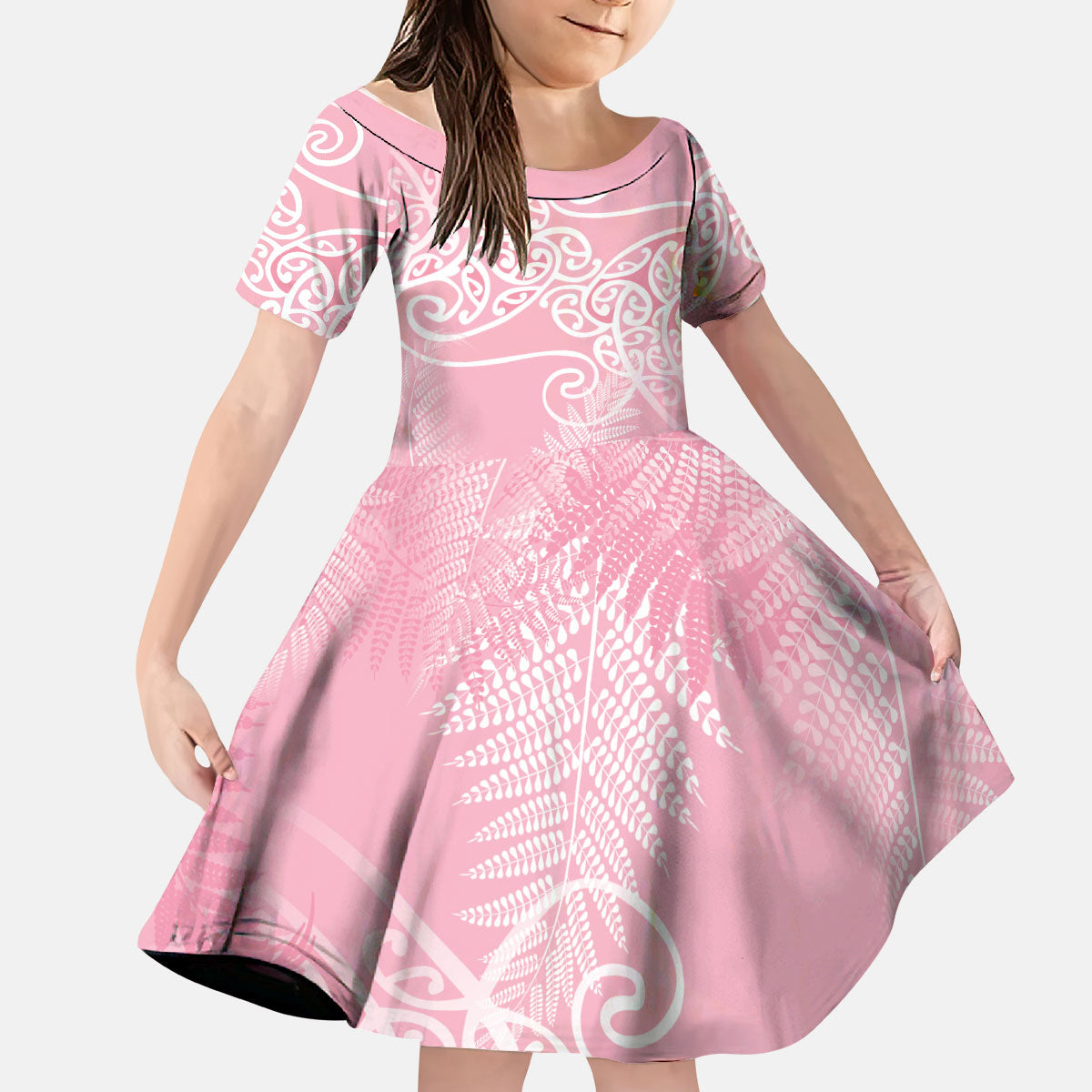 Aotearoa Maori Koru Curves Kid Short Sleeve Dress Silver Ferns - Rose Pink