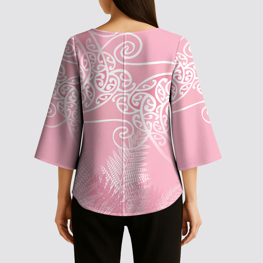 Aotearoa Maori Koru Curves Kimono Sleeve Blouse Silver Ferns - Rose Pink