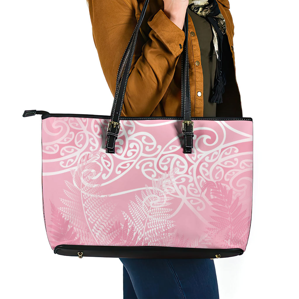 Aotearoa Maori Koru Curves Leather Tote Bag Silver Ferns - Rose Pink
