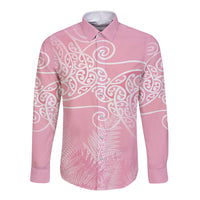 Aotearoa Maori Koru Curves Long Sleeve Button Shirt Silver Ferns - Rose Pink