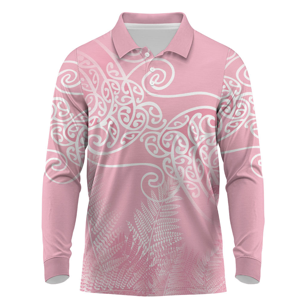 Aotearoa Maori Koru Curves Long Sleeve Polo Shirt Silver Ferns - Rose Pink