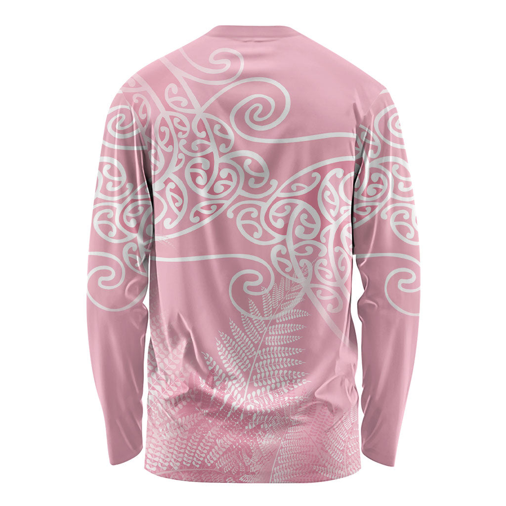 Aotearoa Maori Koru Curves Long Sleeve Shirt Silver Ferns - Rose Pink