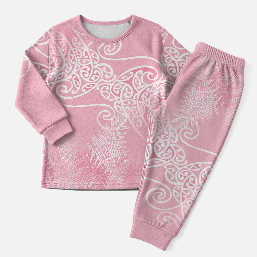 Aotearoa Maori Koru Curves Christmas Pajama Set Silver Ferns - Rose Pink