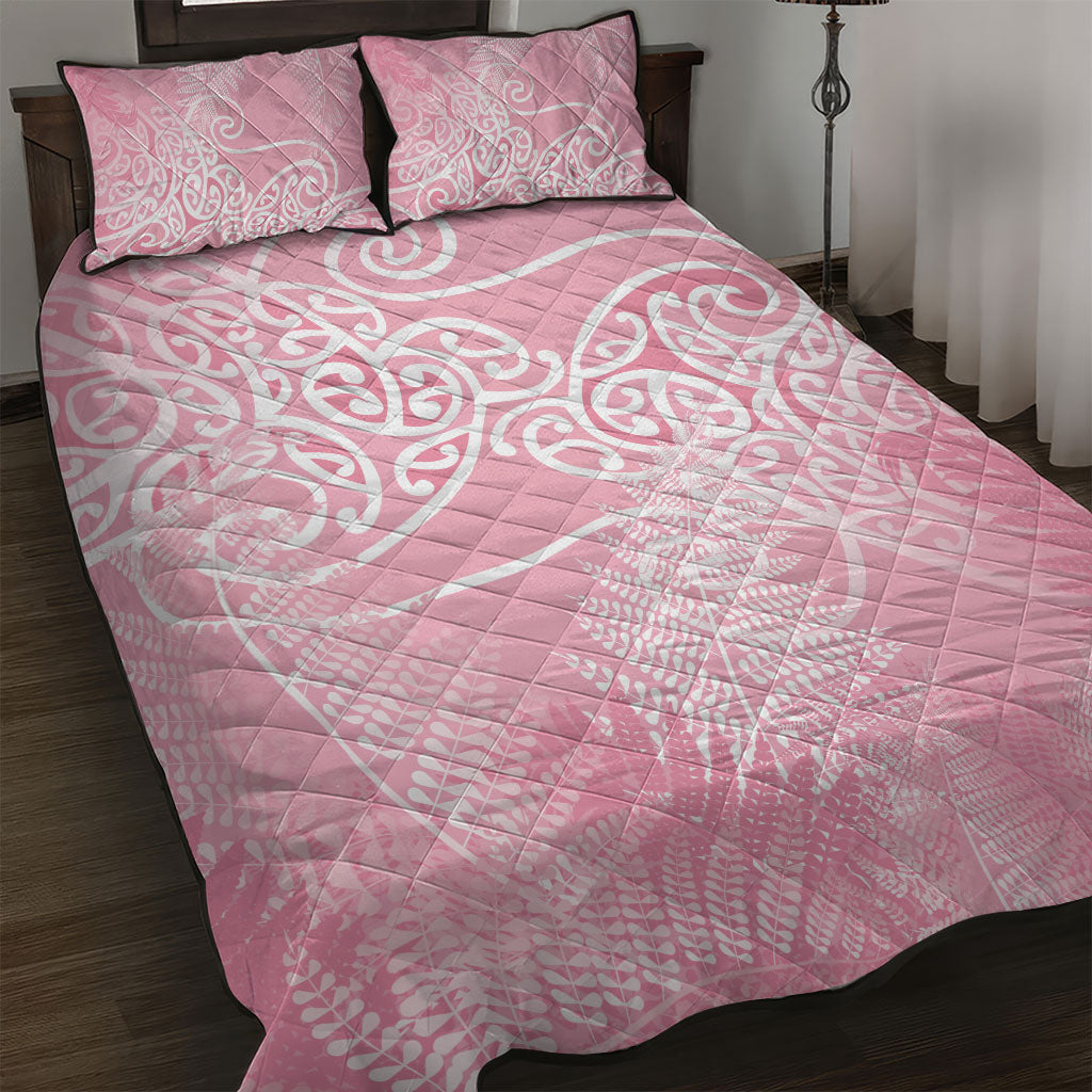 Aotearoa Maori Koru Curves Quilt Bed Set Silver Ferns - Rose Pink