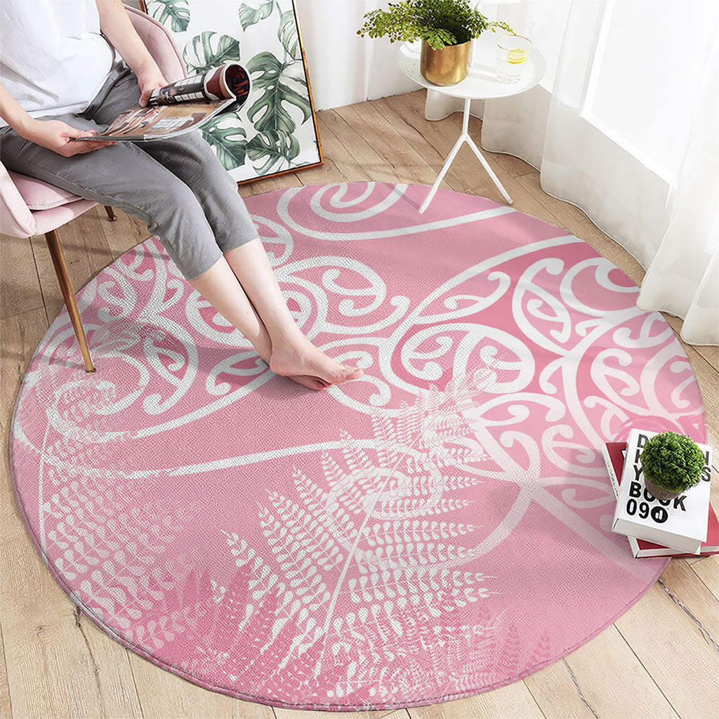 Aotearoa Maori Koru Curves Round Carpet Silver Ferns - Rose Pink LT7 - Polynesian Pride
