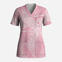 Aotearoa Maori Koru Curves Scrub Top Silver Ferns - Rose Pink