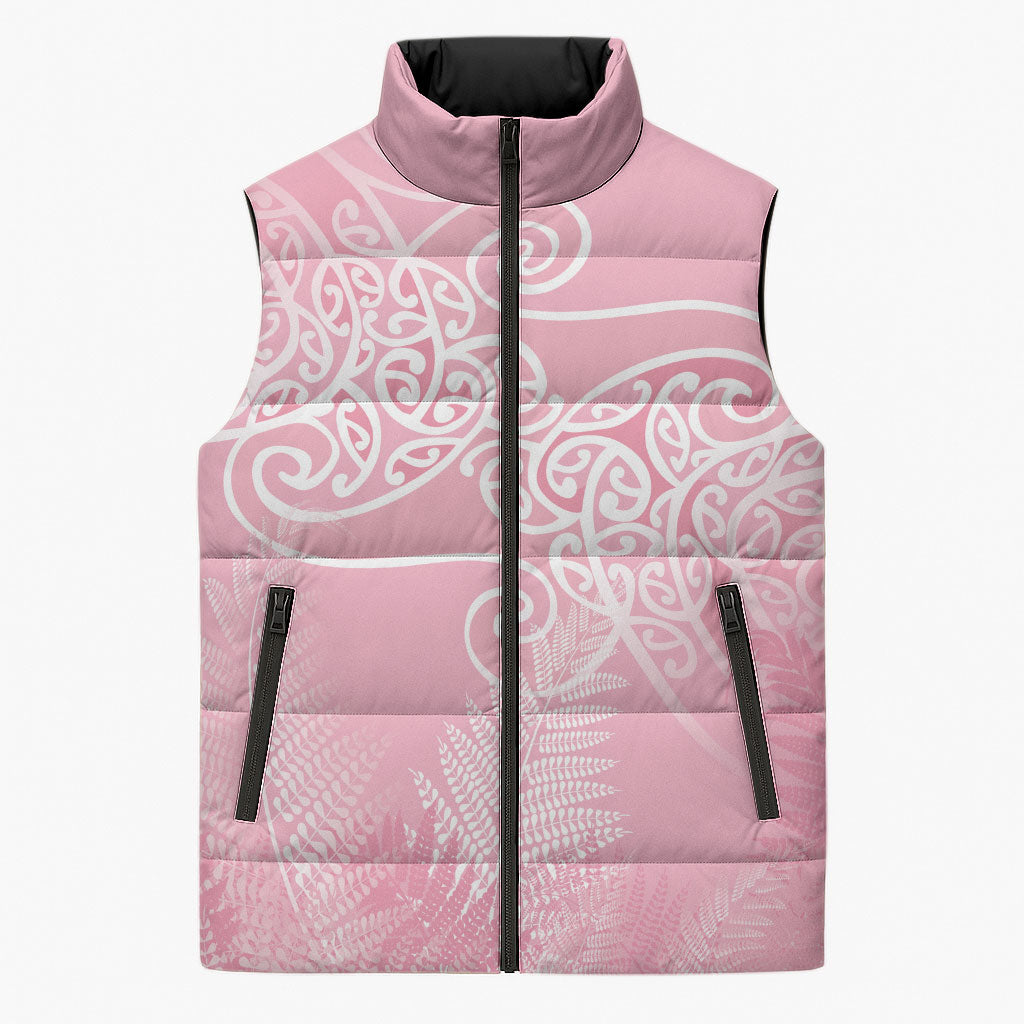 Aotearoa Maori Koru Curves Sleeveless Puffer Jacket Silver Ferns - Rose Pink