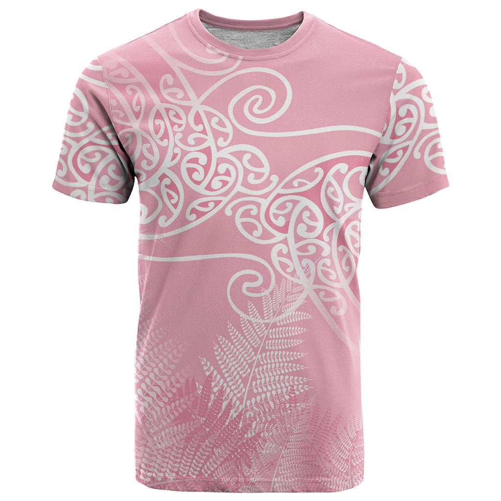 Aotearoa Maori Koru Curves T Shirt Silver Ferns - Rose Pink