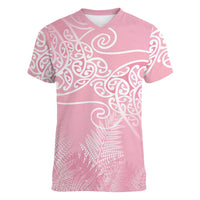Aotearoa Maori Koru Curves Women V-Neck T-Shirt Silver Ferns - Rose Pink LT7 Female Pink - Polynesian Pride