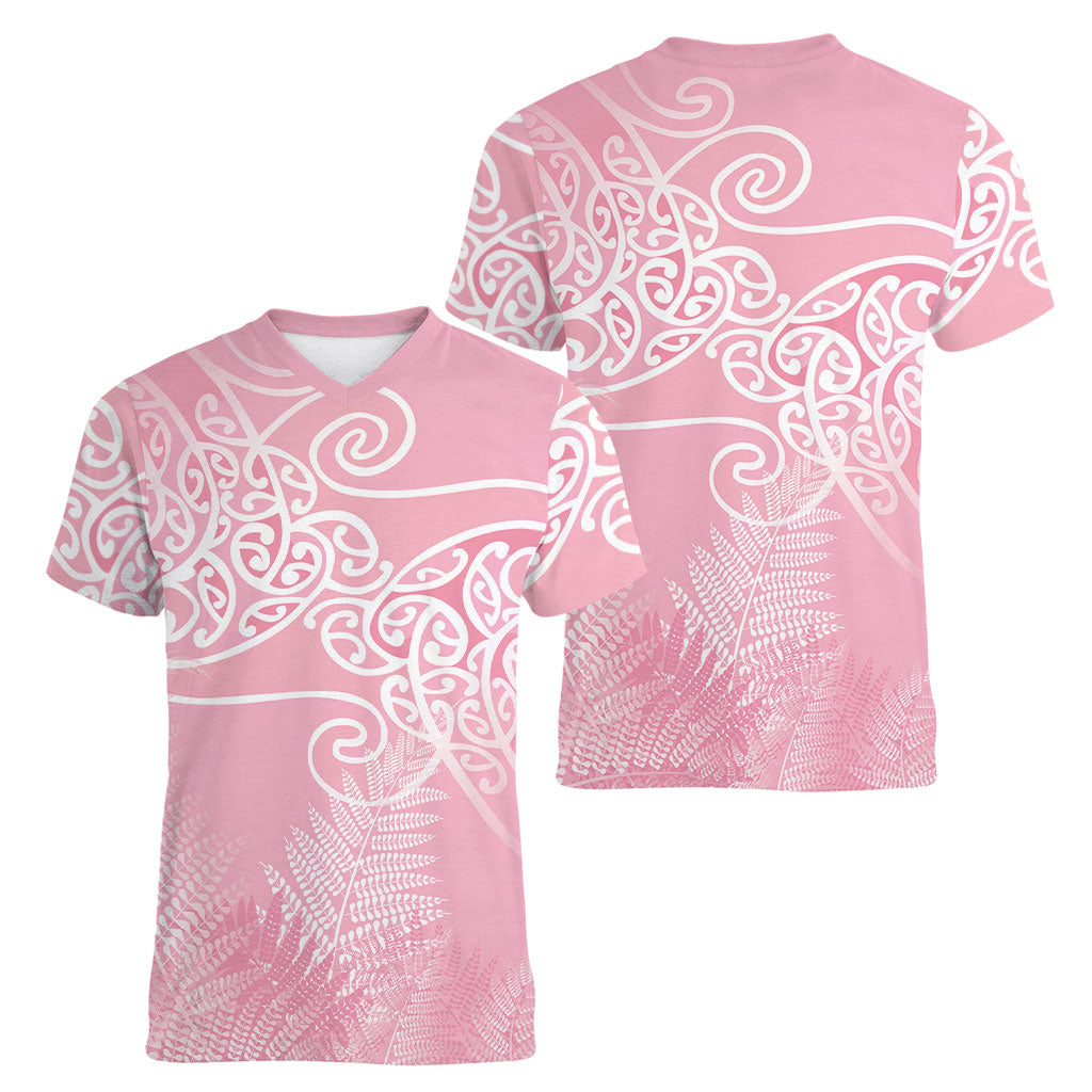 Aotearoa Maori Koru Curves Women V-Neck T-Shirt Silver Ferns - Rose Pink LT7 - Polynesian Pride
