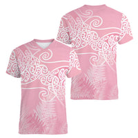 Aotearoa Maori Koru Curves Women V-Neck T-Shirt Silver Ferns - Rose Pink LT7 - Polynesian Pride