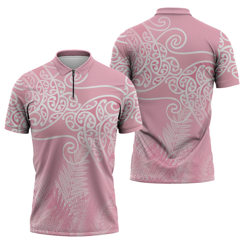 Aotearoa Maori Koru Curves Zipper Polo Shirt Silver Ferns - Rose Pink