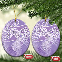 Aotearoa Maori Koru Curves Ceramic Ornament Silver Ferns - Amethyst LT7 Oval Purple - Polynesian Pride
