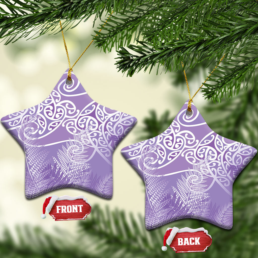Aotearoa Maori Koru Curves Ceramic Ornament Silver Ferns - Amethyst LT7 Star Purple - Polynesian Pride