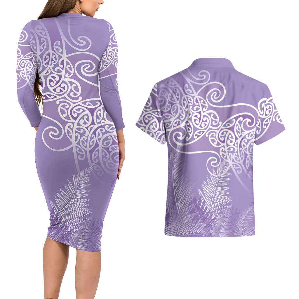 Aotearoa Maori Koru Curves Couples Matching Long Sleeve Bodycon Dress and Hawaiian Shirt Silver Ferns - Amethyst LT7 - Polynesian Pride