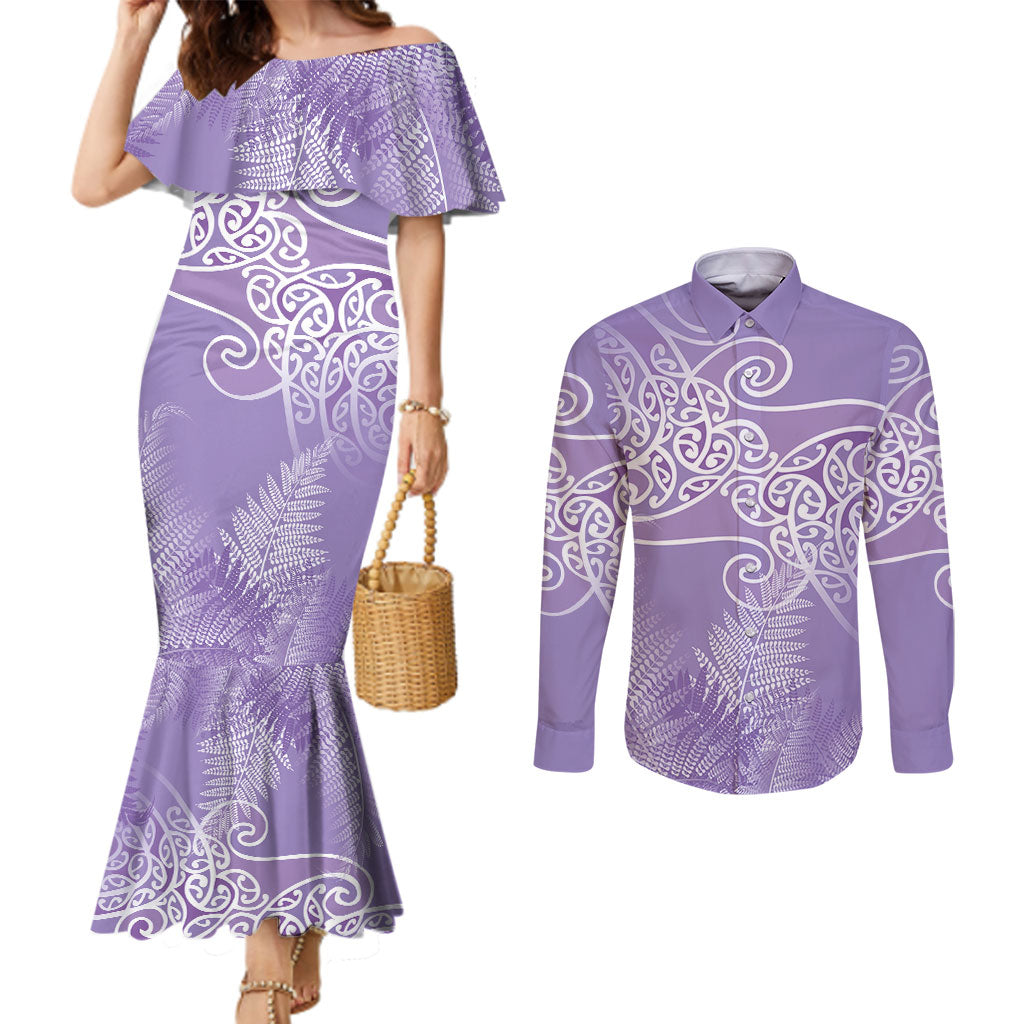 Aotearoa Maori Koru Curves Couples Matching Mermaid Dress and Long Sleeve Button Shirt Silver Ferns - Amethyst LT7 Purple - Polynesian Pride