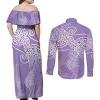 Aotearoa Maori Koru Curves Couples Matching Off Shoulder Maxi Dress and Long Sleeve Button Shirt Silver Ferns - Amethyst