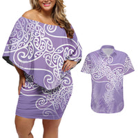 Aotearoa Maori Koru Curves Couples Matching Off Shoulder Short Dress and Hawaiian Shirt Silver Ferns - Amethyst LT7 Purple - Polynesian Pride