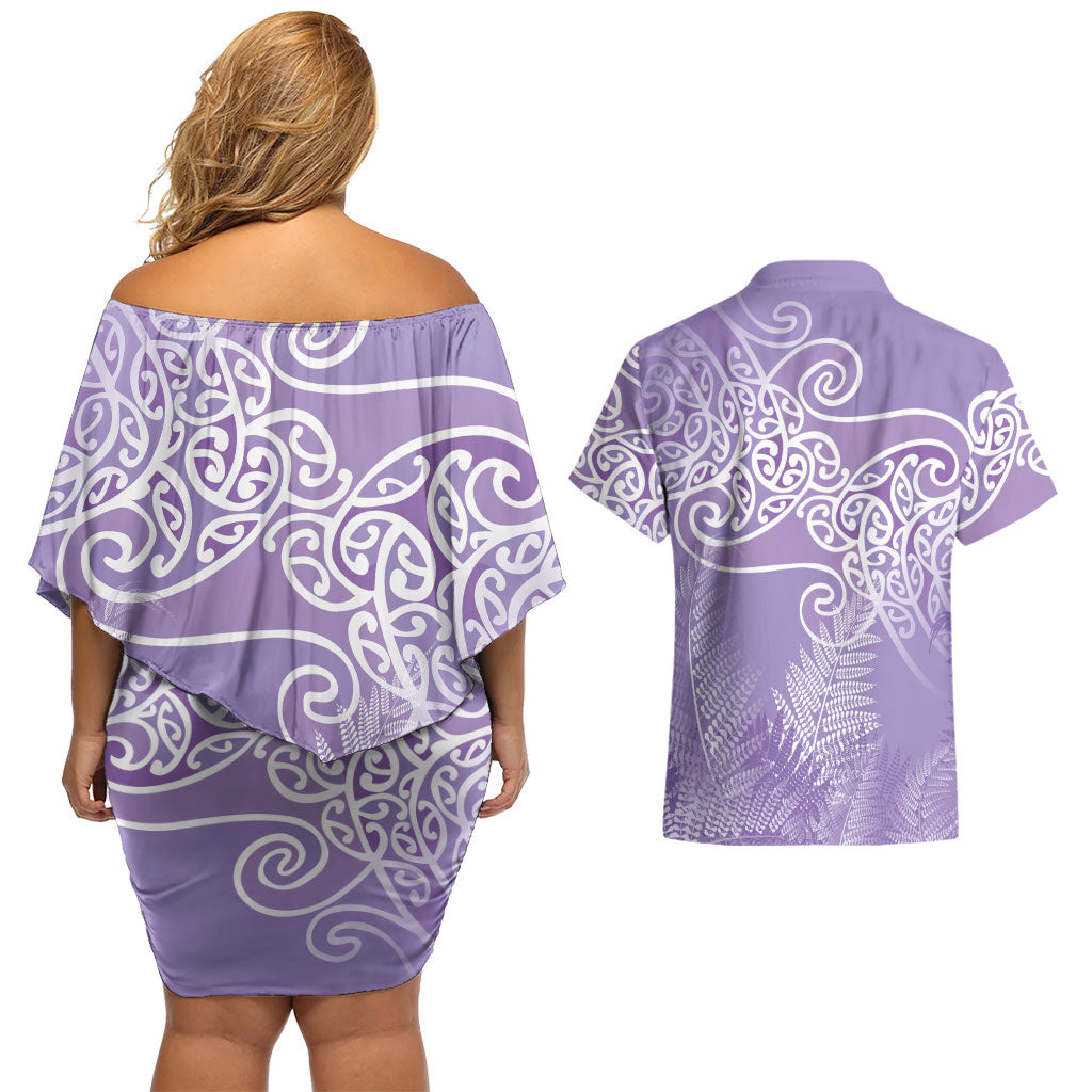 Aotearoa Maori Koru Curves Couples Matching Off Shoulder Short Dress and Hawaiian Shirt Silver Ferns - Amethyst LT7 - Polynesian Pride