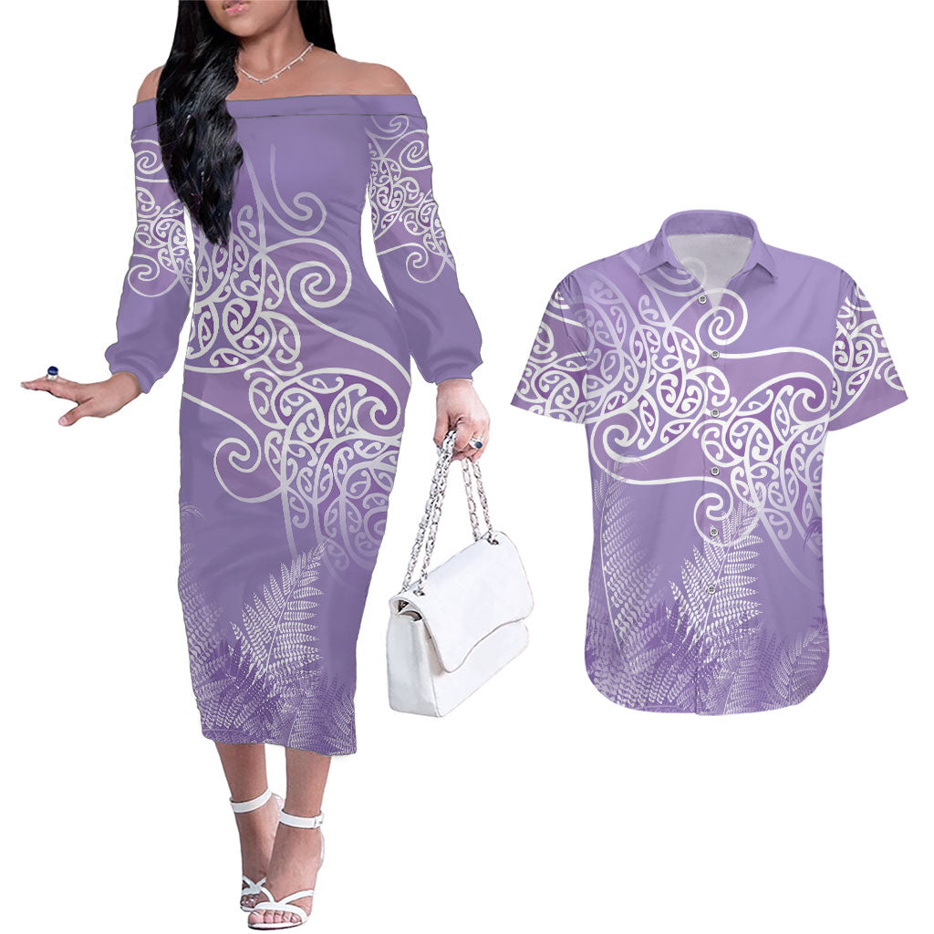 Aotearoa Maori Koru Curves Couples Matching Off The Shoulder Long Sleeve Dress and Hawaiian Shirt Silver Ferns - Amethyst LT7 Purple - Polynesian Pride
