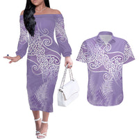 Aotearoa Maori Koru Curves Couples Matching Off The Shoulder Long Sleeve Dress and Hawaiian Shirt Silver Ferns - Amethyst LT7 Purple - Polynesian Pride