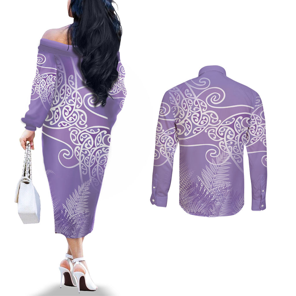 Aotearoa Maori Koru Curves Couples Matching Off The Shoulder Long Sleeve Dress and Long Sleeve Button Shirt Silver Ferns - Amethyst LT7 - Polynesian Pride