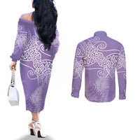 Aotearoa Maori Koru Curves Couples Matching Off The Shoulder Long Sleeve Dress and Long Sleeve Button Shirt Silver Ferns - Amethyst LT7 - Polynesian Pride
