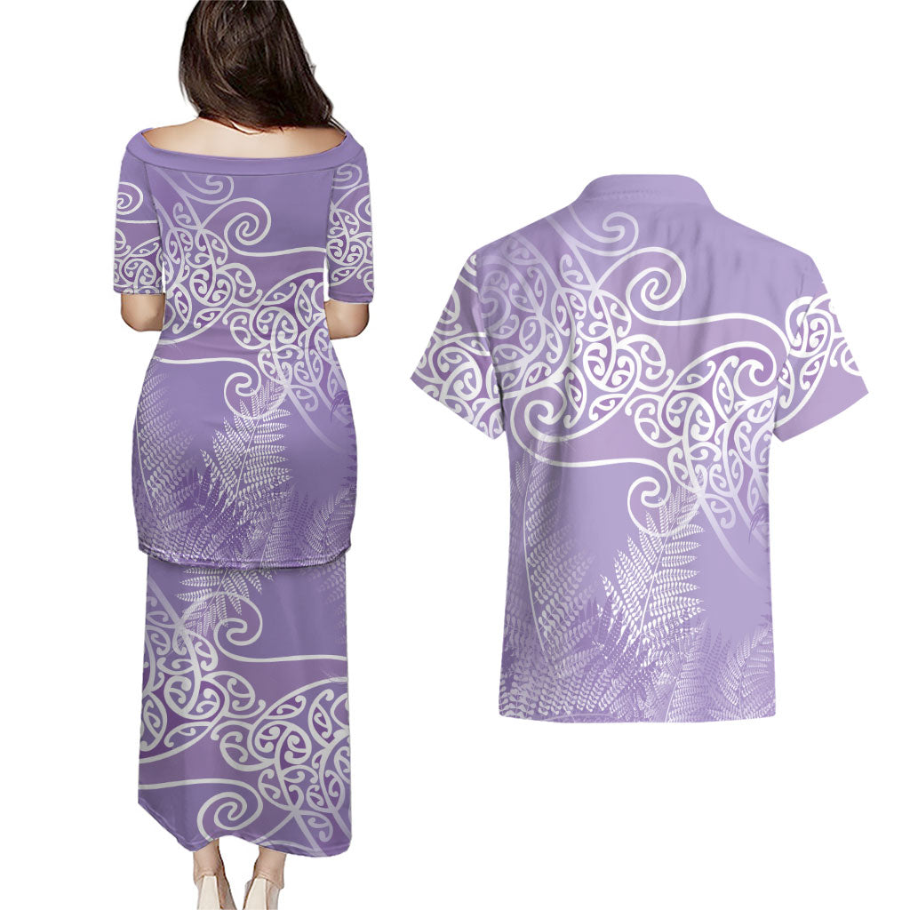 Aotearoa Maori Koru Curves Couples Matching Puletasi and Hawaiian Shirt Silver Ferns - Amethyst