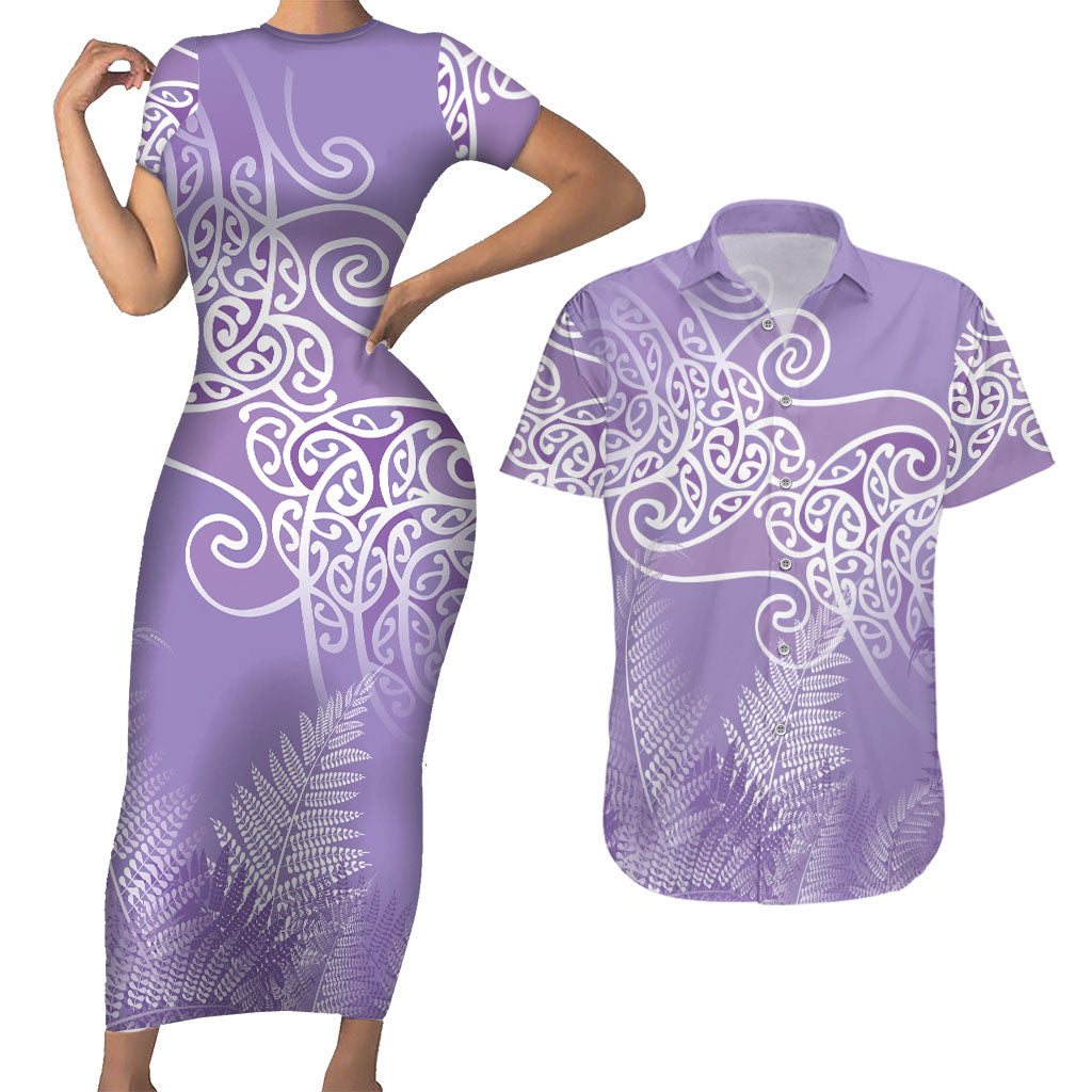 Aotearoa Maori Koru Curves Couples Matching Short Sleeve Bodycon Dress and Hawaiian Shirt Silver Ferns - Amethyst LT7 Purple - Polynesian Pride